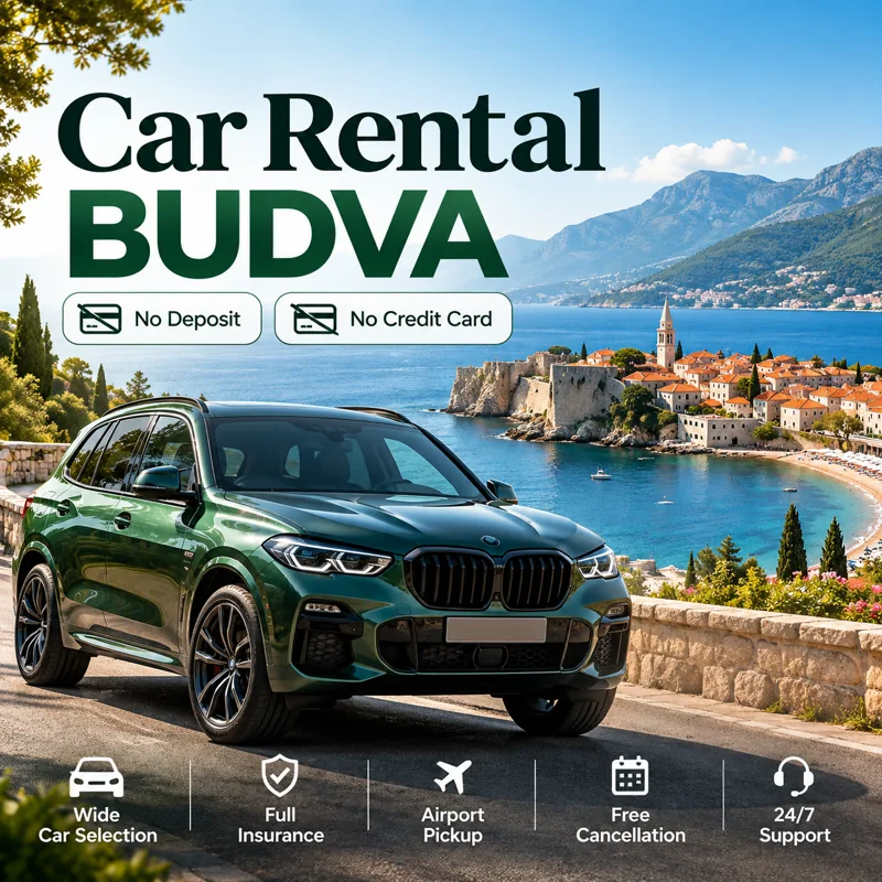 Grafika promocyjna BudvaRental z zielonym SUV-em na wybrzeżu Adriatyku